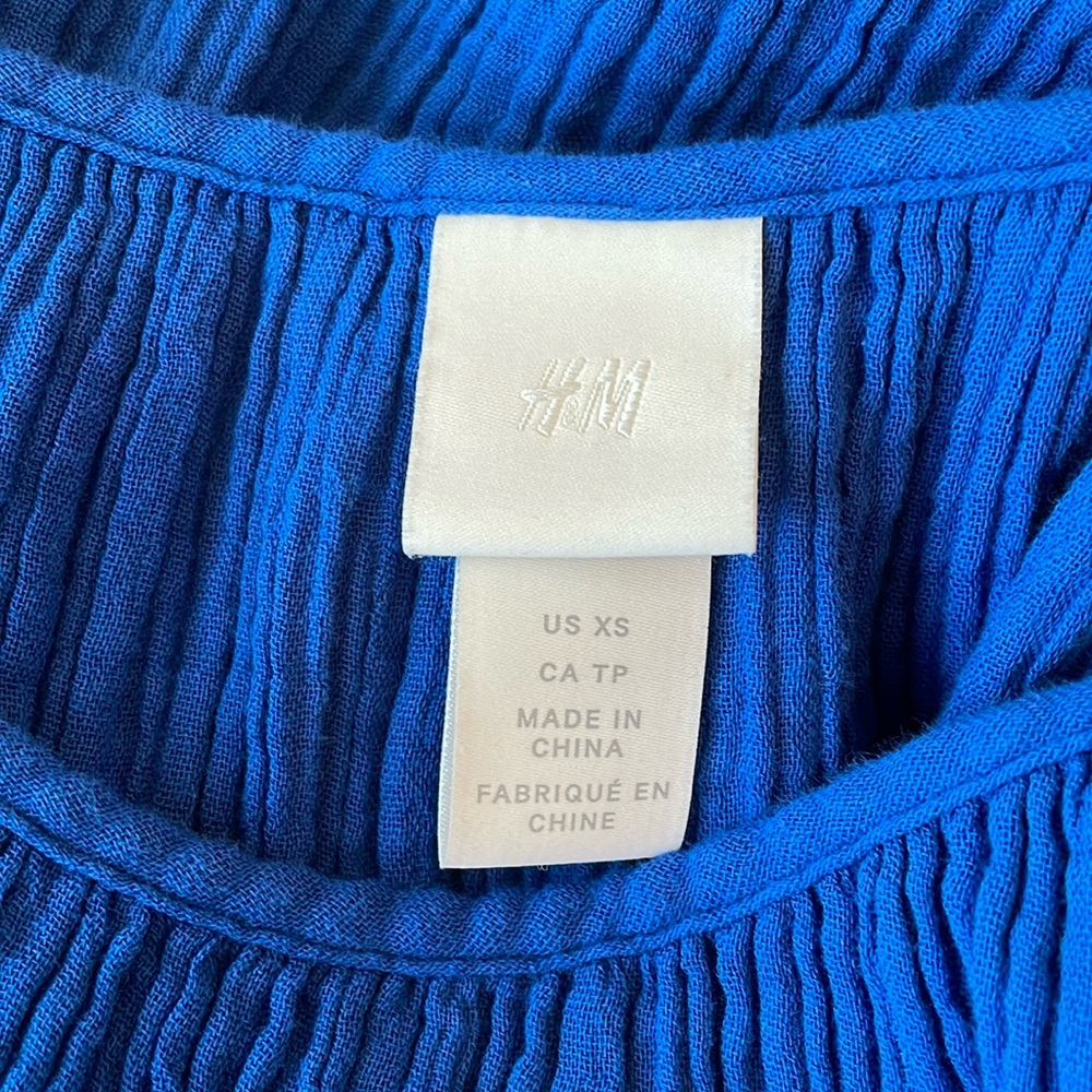 H&M Cobalt Blue Tiered Gauze Midi dress Crinkle Cotton Sundress Royal XS - Picture 8 of 9